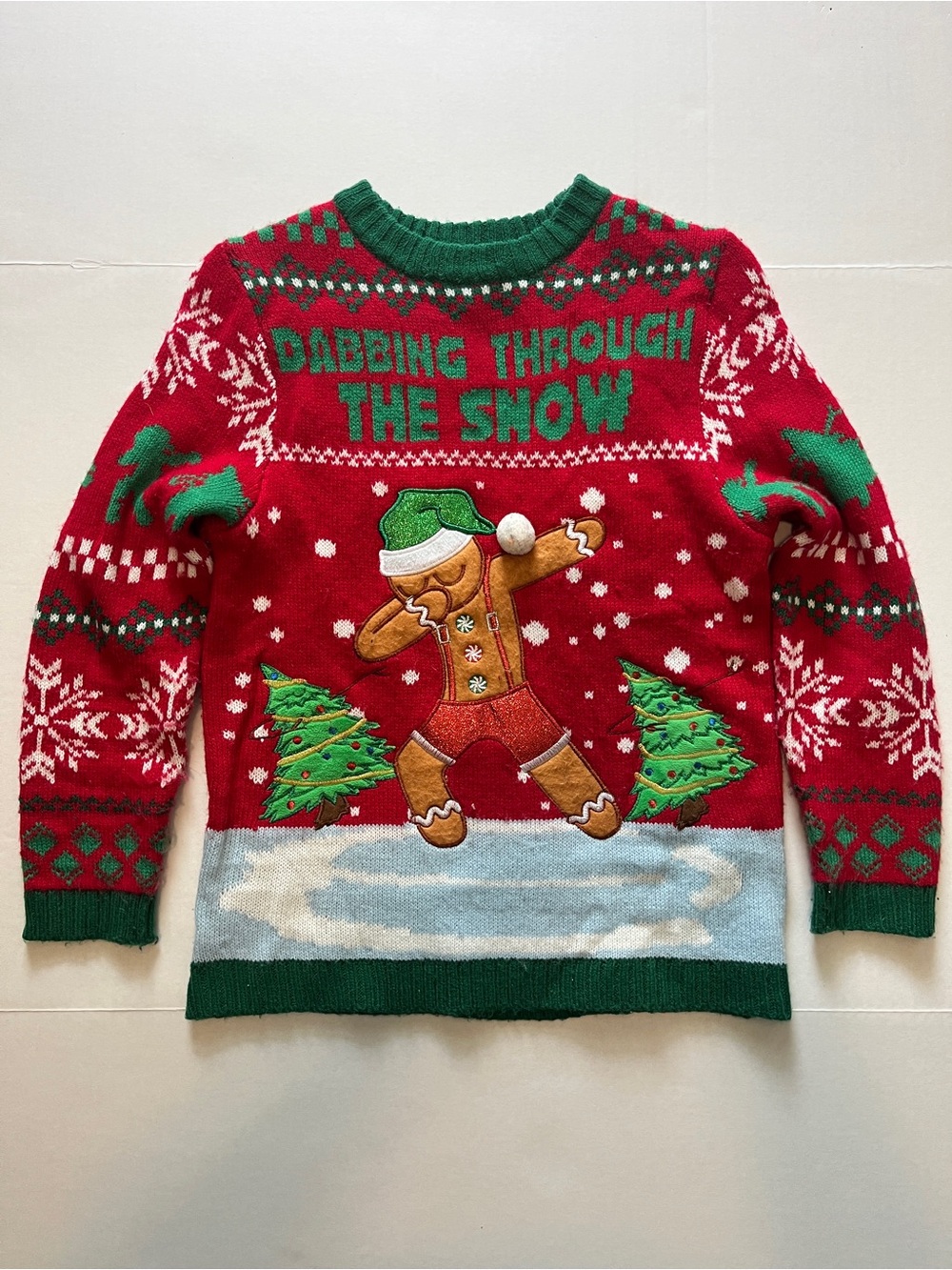 32 Degrees Red and Green Dabbing Gingerbread Holiday Sweater Boys small (8-10)